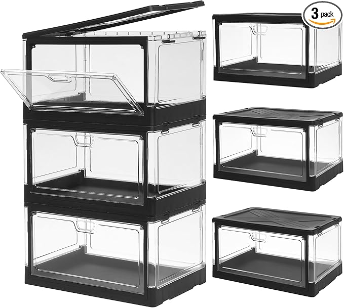 HYBRIDEAS 3-Pack Clear Stackable Storage Bins with Lids Magnetic Doors Open Front Foldable Folding Plastic Craft Containers L