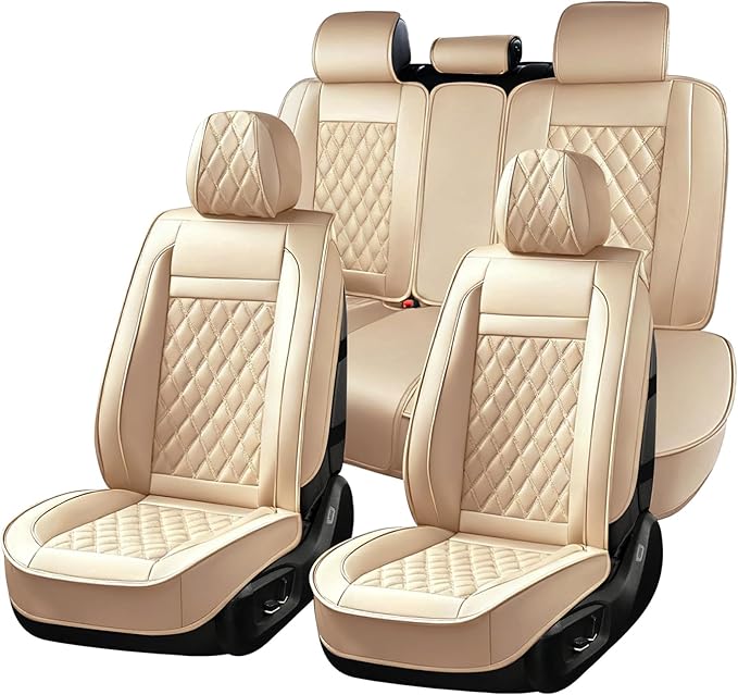 Huidasource Beige Seat Covers Full Set, Nappa Leather Seat Cover Hollow Design Airbag Pops, Front ＆ Back Seat, 5 Layers Seat 
