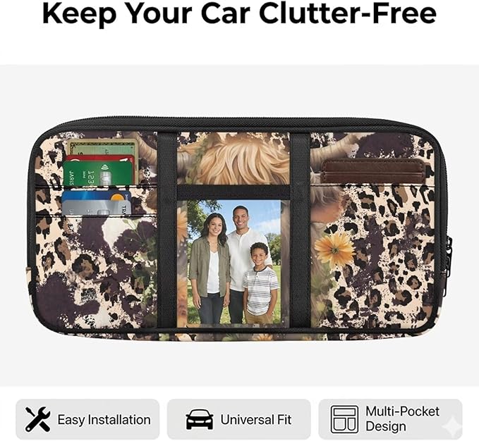 Cow Zippered Fancy Mobility Car Sun Visor Organizer with Picture Holder Glasses Storage Pouch with Adjustable Straps and Multi-Pocket Easy Installation Universal Fit for Most Cars SUV