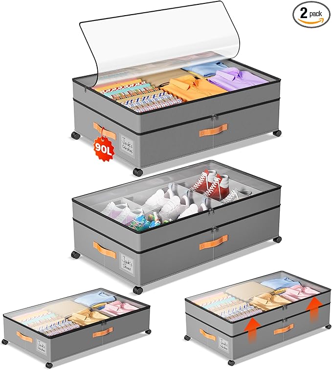 Under Bed Storage with Wheels, Large Capacity UnderBed Containers with Clear Lids, Shoe Organizer Under Bed Drawers, Rolling 