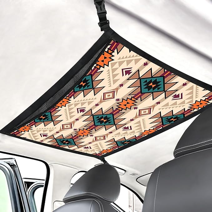 Aztec-Style Car Storage Mesh Organizer Ceiling Cargo Net Double-Layer Adjustable Zipper Truck SUVs Travel Road Trip Essentials etc. Interior Organizer