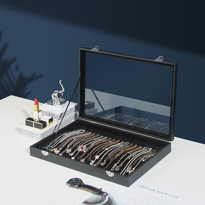 Coward 20 Hooks Necklace Organizer Jewelry Box, Dustproof Necklace Display Holder Case, Black Velvet Necklace Display Tray Ca