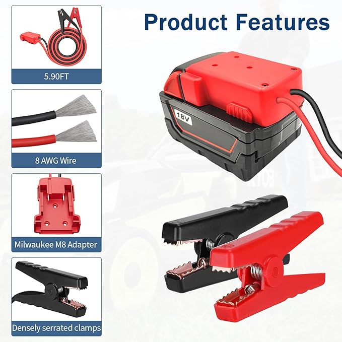 Jumper Cable Clamps for Milwaukee M18 18V Battery Jump Starter, 5.90 FT 8AWG Car Battery Jumper Cable with Adapter, Automotive Battery Booster Cable for Tools used to Jump Start a Car