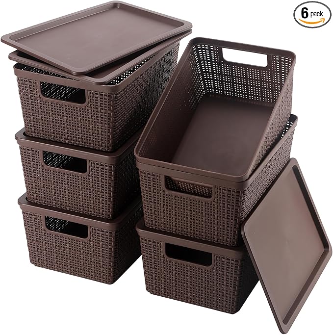 6 Pack Plastic Storage Baskets With Lids,Brown Breathable Stackable Storage Bins,Small Storage Containers,for Organizing Stor