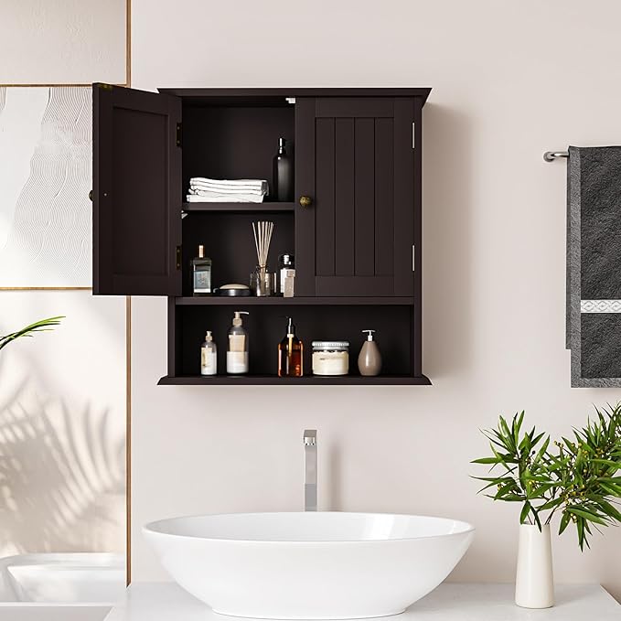 Smuxee Brown Bathroom Cabinet Wall Mounted, Small Medicine Cabinet with 2 Door Adjustable Shelves, Wall Cabinet Over Toilet f