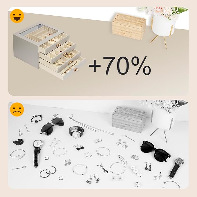 Jewelry Box with Glass Lid, 4-Layer Jewelry Organizer for Women Girls, PU Leather Display Case with 20-Grid Earring Tray & Mo