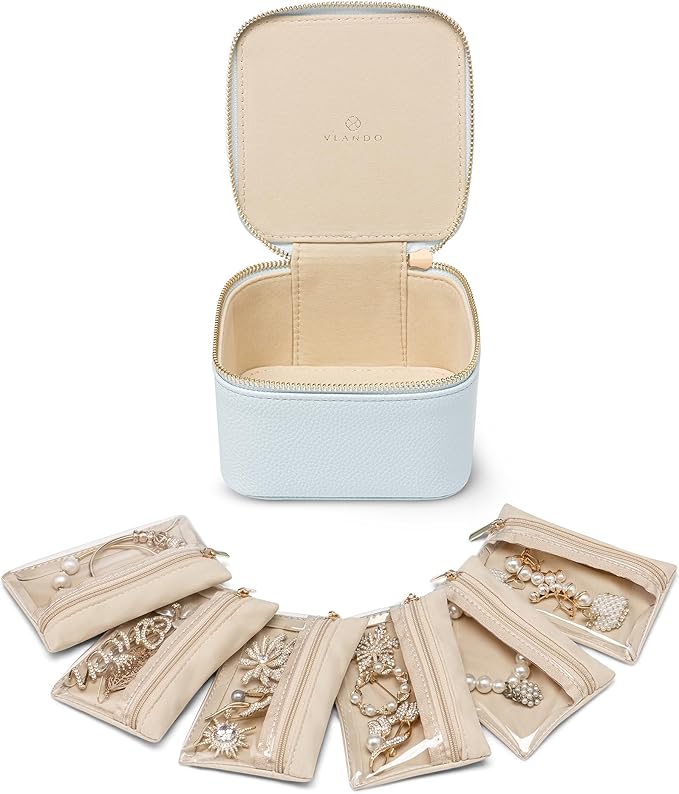 Vlando Jewelry Travel Case,Travel Jewelry Organizer with Clear Velvet Jewelry Bags 6Pcs Zipper Pouch for Women Wedding,Birthd