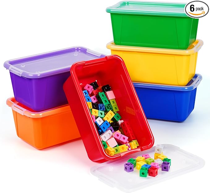 GAMENOTE 6 Quart Storage Bins with Lids,6 Pack Rainbow Plastic Latching Box for Classroom&Kids Toy Storage Opaque Stackable S