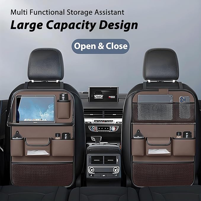 Universal Foldable Car Backseat Organizer with Table Tray, Car Seat Back Protector with Touch Screen Phone Holder, Premium Leather Kick Mats with Storage Pockets Tissue Holder (Brown)