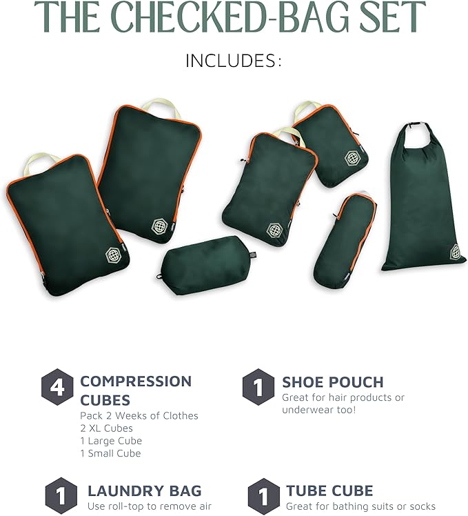 TRIPPED XL Compression Packing Cubes — 7-Piece Set for Checked Luggage | Extra-Large (15.7"×11"×4") + Large + Small + Tube + 