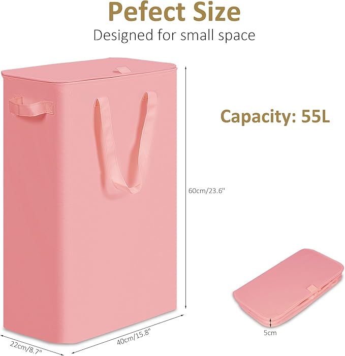 efluky Slim Laundry Basket with Lid, Narrow Laundry Hamper with Handles, Collapsible Dirty Clothes Hamper, Tall Laundry Bin f