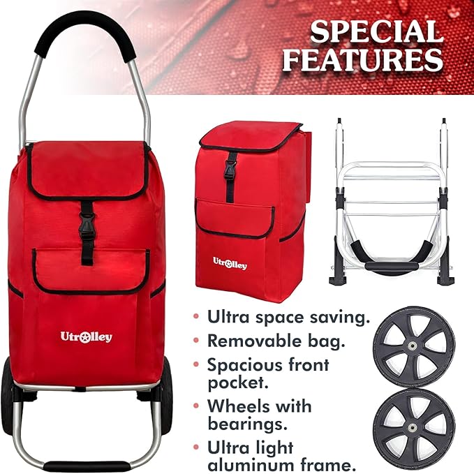 Ultra-Lightweight Red Foldable Shopping Cart for Groceries Large 42L Capacity Rubber Wheels, Removable Insulated Bag Liner, Durable Aluminum Frame, Multi-Function Personal Hand Truck