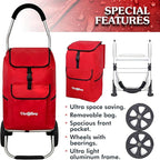 Ultra-Lightweight Red Foldable Shopping Cart for Groceries Large 42L Capacity Rubber Wheels, Removable Insulated Bag Liner, Durable Aluminum Frame, Multi-Function Personal Hand Truck