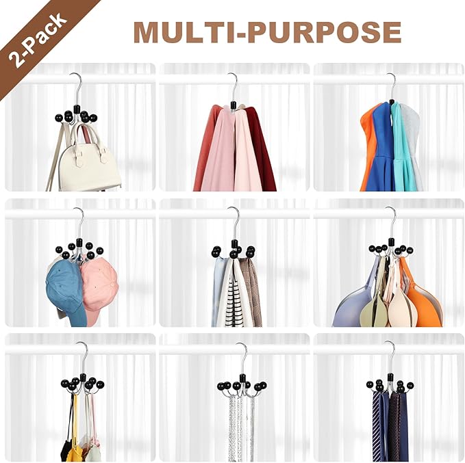 TOPIA HANGER Hoodie Hangers 2-Pack with 6 Wood Balls, 360°Swivel Purse Hanger, Scarf Hanger, Closet Hooks, Handbag Organizer,