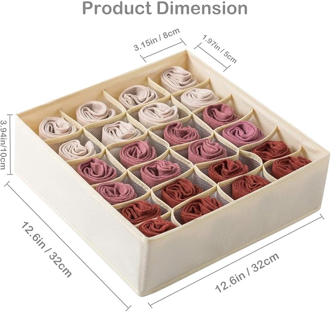 Qozary 2 Pack Socks Underwear Drawer Organizer Divider, 24 Cell or 16 Cell Collapsible Cabinet Closet Organizer Storage Boxes
