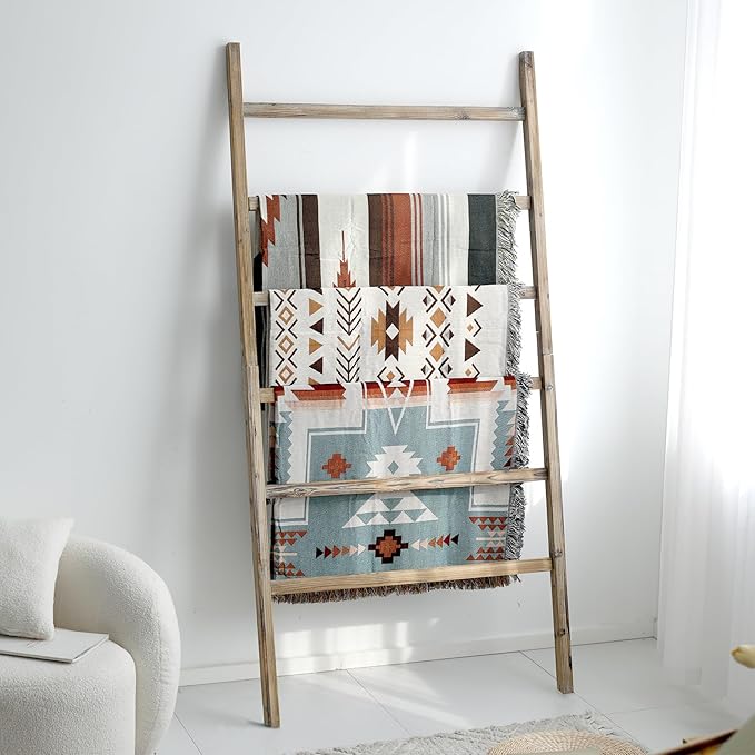 FUIN Extra Wide 6.4ft Wooden Blanket Ladder Living Room Decorative Wal Leaning Farmhouse Quilt Display Holder Rustic Wood Tow