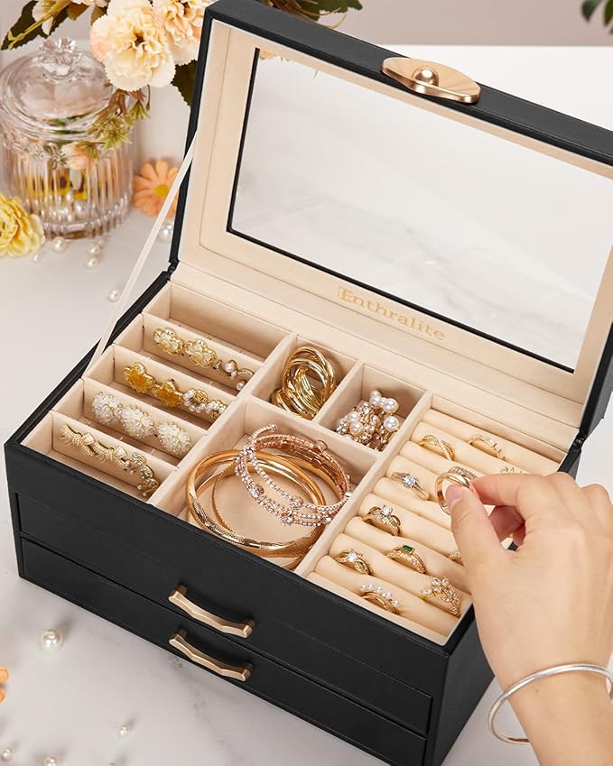 Enthralite Jewelry Box with 2 Drawers: Display Organizer for Earrings Necklaces - Gifts for Girls Women (Black)