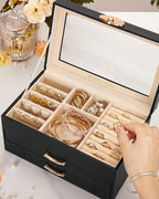 Enthralite Jewelry Box with 2 Drawers: Display Organizer for Earrings Necklaces - Gifts for Girls Women (Black)