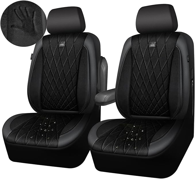 CAR PASS Luxury Faux Leather Car Seat Covers Front Seats, Breathable Soft Velvet Premium Automotive Seat Covers 2 Pack, Armre