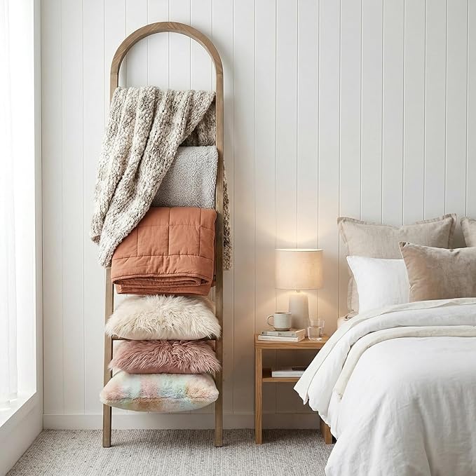 Arched Wooden Blanket Ladder -76in(6-Tier) Natural & Motley Wood - Leaning Wall Decor for Bedroom, Bathroom, Living Room - Ru