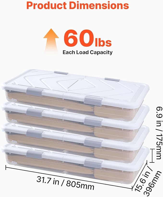 VEVOR Under Bed Storage with Wheels, 31.7 x 15.6 x 6.9 inch Underbed Containers, Underbed Shoes Organizer with Lid & Gray Lat