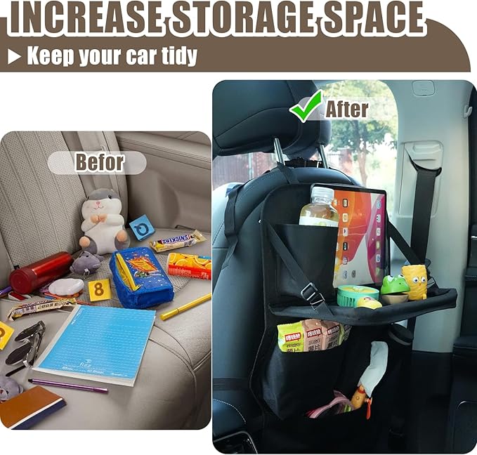 Car Seat Organizers,Multi-functional Back Seat Protectors, Storage Pouches, Child kicking prevention and Tray Holders Kick Mats Back (for Cars, Kids,and Rear Seats) (Black, 1 Pack with Food Tray)