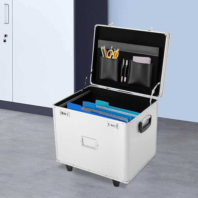 Locking File Box Aluminum Alloy Portable Storage Case with Telescopic Handle Mobile File Organizer with Combination Lock Roll