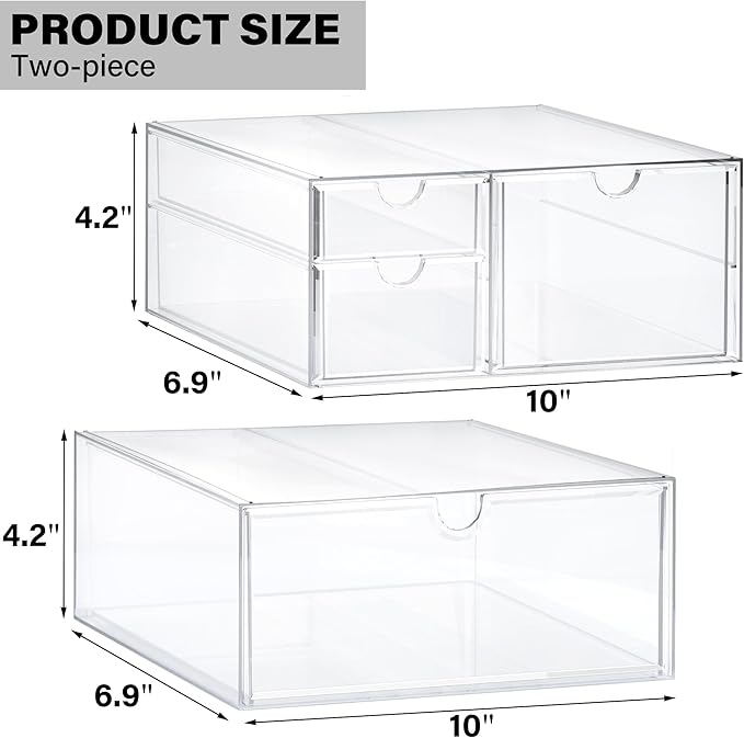 Prsildan Acrylic Drawer Makeup Organizer with 4 Drawers, Set of 2 Office Desk Organizers Accessories, Clear Stackable Storage