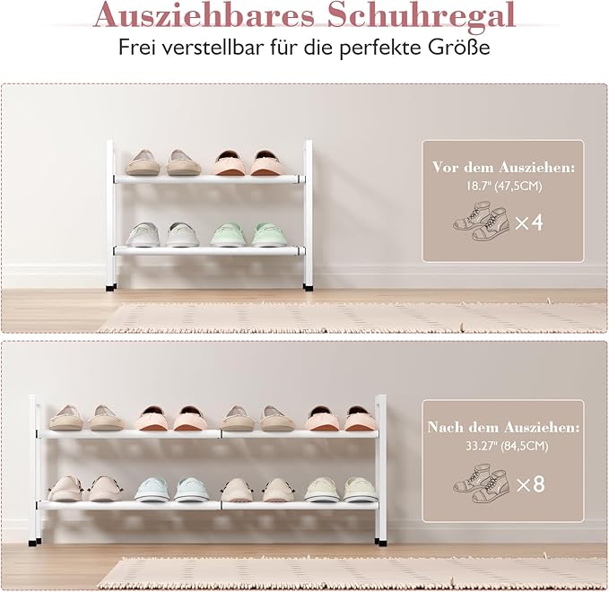 Bumusty 2-Tier Expandable Shoe Rack for Closet, 18“-33” Adjustable Shoe Rack for Small Space, Small Shoe Organizer for Front 