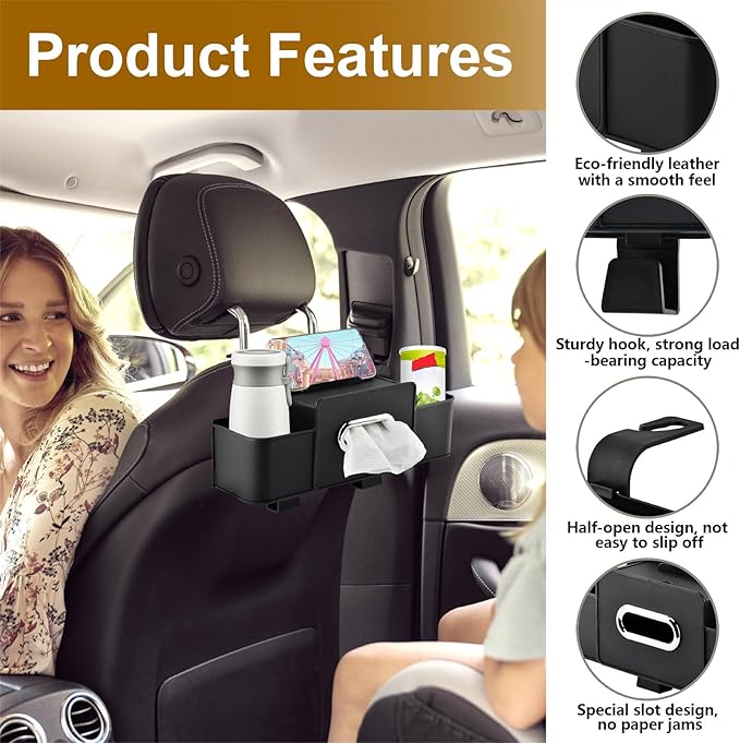 Back Seat Car Organizer, Multifunctional Car Seat Back Storage Box with Hook Tissue Box Cup Holder can Hold Phone Drinks Handbag fits Most Vehicles(COLOR:Black)