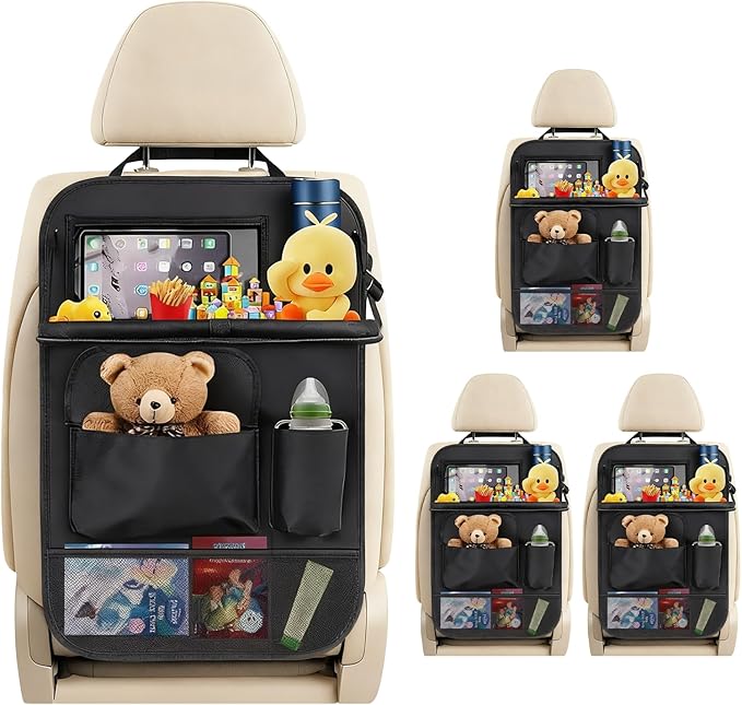 4-Pack Black Car Backseat Organizer, 10 Storage Pockets and Tablet Holder, Back Seat Organizer for Kids, family Road Trip Essentials, Travel Accessories