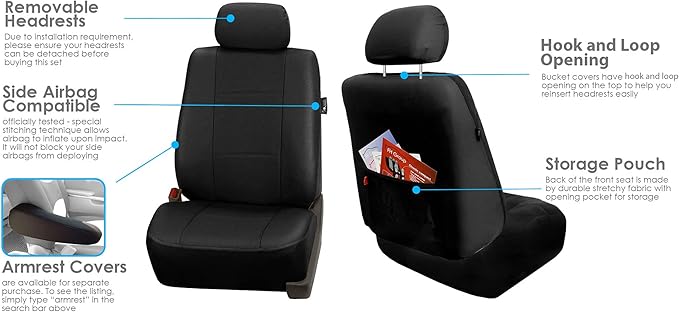 FH Group Front Set Faux Leather Car Seat Covers for Low Back Seat with Removable Headrest, Universal Fit, Airbag Compatible S