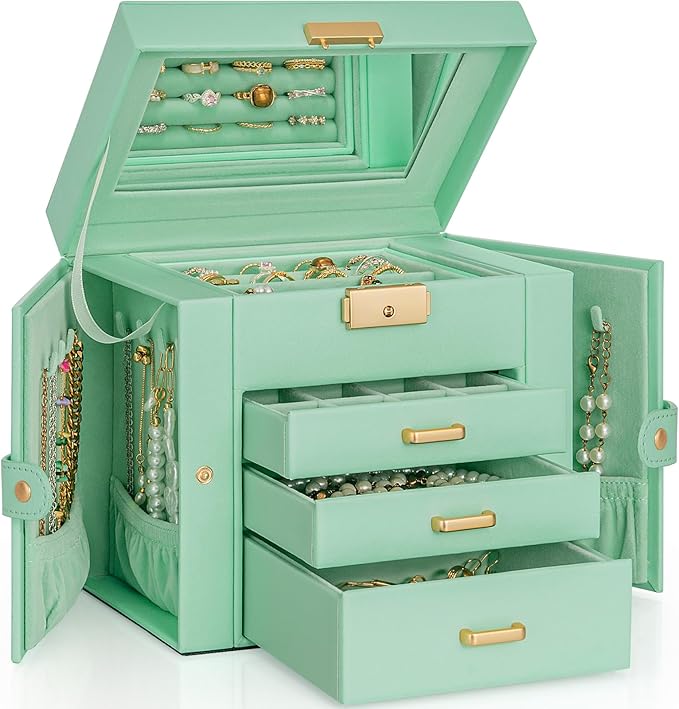AKOZLIN 4-Tier Jewelry Box Leather Jewelry Storage Organizer with 3 Drawers Lockable for Women Girls Ring Necklace Earring Br