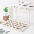 Coward Jewelry Organizer Box, Beige Velvet 24 Grids Ring Earring Jewelry Display Tray Case with Transparent Glass Lid for Hom