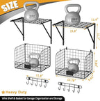 ThreeHio 2 Pack Garage Shelves Wall Mounted with Wire baskets, Heavy Duty Garage Wall Shelving with Hooks, Wire Shelf Baskets