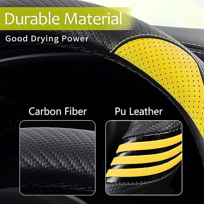 Iwantit® Steering Wheel Covers with Leather and Anti-Slip Rubber Ring, Universal Fit 14.5-15 inches for Cars,SUV (Yellow/Blac