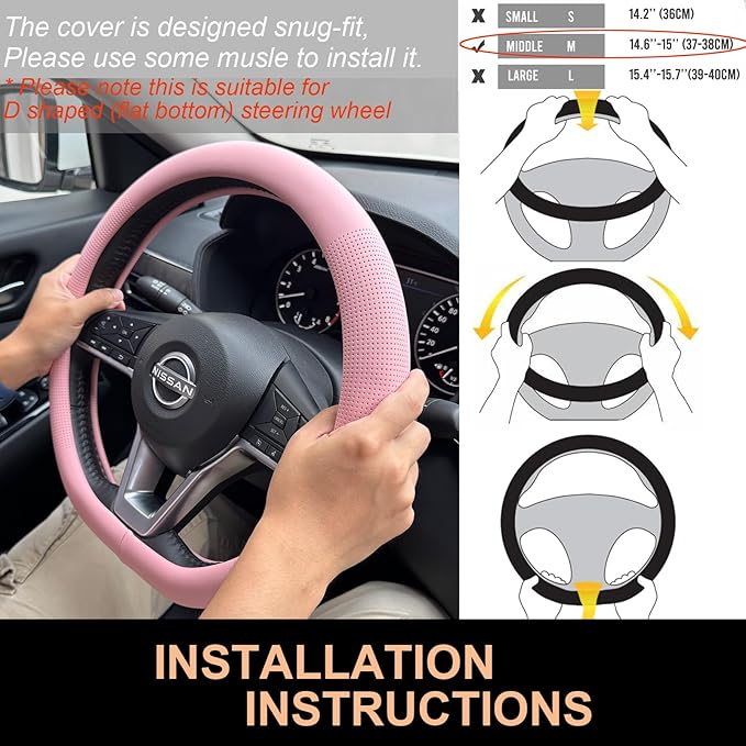 PINCTROT D Shaped Nappa Leather Steering Wheel Cover, Slim Fit No Bulk Design, One Piece Leather with Breathable Perforation,