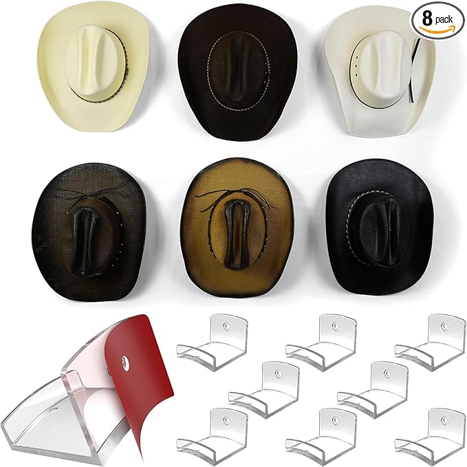 Modern JP Adhesive Hat Hooks for Wall (8-Pack) - Cowboy Hat Rack, Wide Brim Hat Organizer, Strong Hold Hat Hangers for Wall -