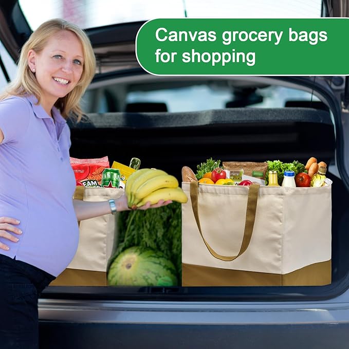 Canvas Reusable Grocery Bags Heavy Duty, 8.3 gal Foldable Large Tote Bag with Handles, Holds 60 lbs Canvas Shopping Bags, 1 Pack
