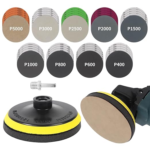 45PCS 5 Inch Wet Dry Sanding Discs Kit with Hook and Loop Backing Pad 5/8-11 and Foam, Angle Grinder Drill Sanding Attachment