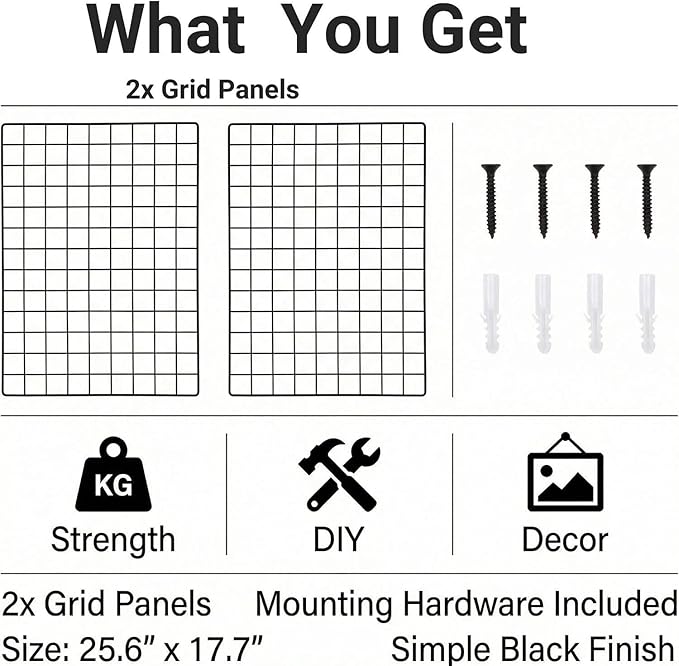 Kaforise Wire Wall Grid Panel, Multifunction Painted Photo Hanging Display and Wall Storage Organizer, Pack of 2, Size 25.6x1