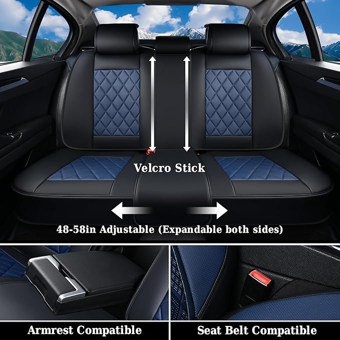 Coverado Leather Seat Covers, Car Seat Covers Full Set, Waterproof Faux Leather Black and Blue Seat Covers, Car Seat Protecto
