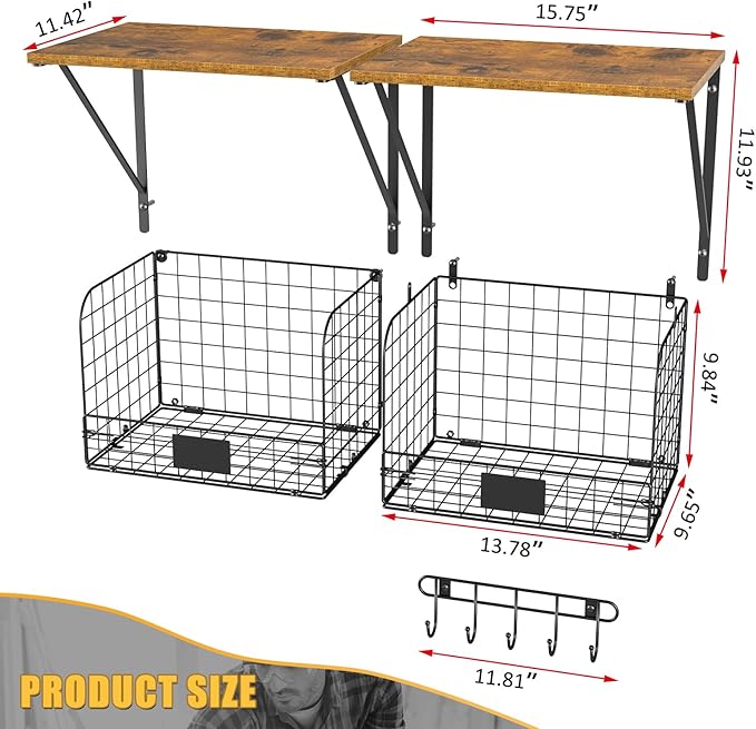 ThreeHio 2 Pack Garage Shelves Wall Mounted with Wire Storage baskets, Heavy Duty Garage Wall Shelving with Hooks, Wooden flo