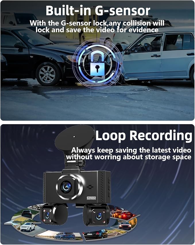 4 Channel Dash Cam Front and Rear Inside Left Right Car Dash Camera 360 View, 2.5K QHD Car Camera Supper Night Vision, 5G WiF