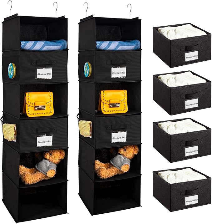 BrilliantJo 2 Pack 6 Shelves Hanging Closet Organizer with 2 Drawer, Hanging Storage with 4 Side Pockets for Clothes Shoes, 4