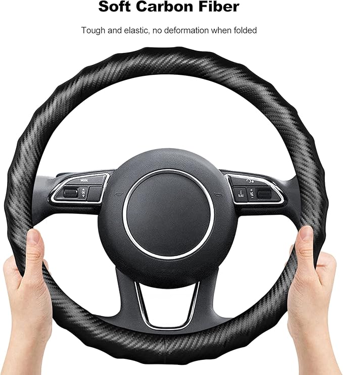 Ergocar Carbon Fiber Material Steering Wheel Cover Anti-Slip Breathable Sweat Absorbent Fashionable Sport Steering Wheel Sleeve for The Round Shape 15"（37.5-38cm）-Black Ripple