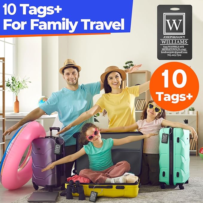 10 PCS Personalized Luggage Tags, Custom Engraved Aluminum Luggage Tags for Family, Metal Luggage Tags for Suitcases, Backpac