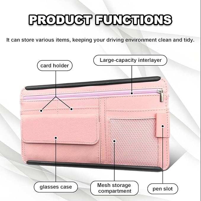 Car Sun Visor Storage Bag, Soft Leather Surface Organizer, Scratch-Resistant Auto Sunshade Organizer Bag, Can Store ID Card, Eyeglasses, Pen, Driving License etc (Pink)