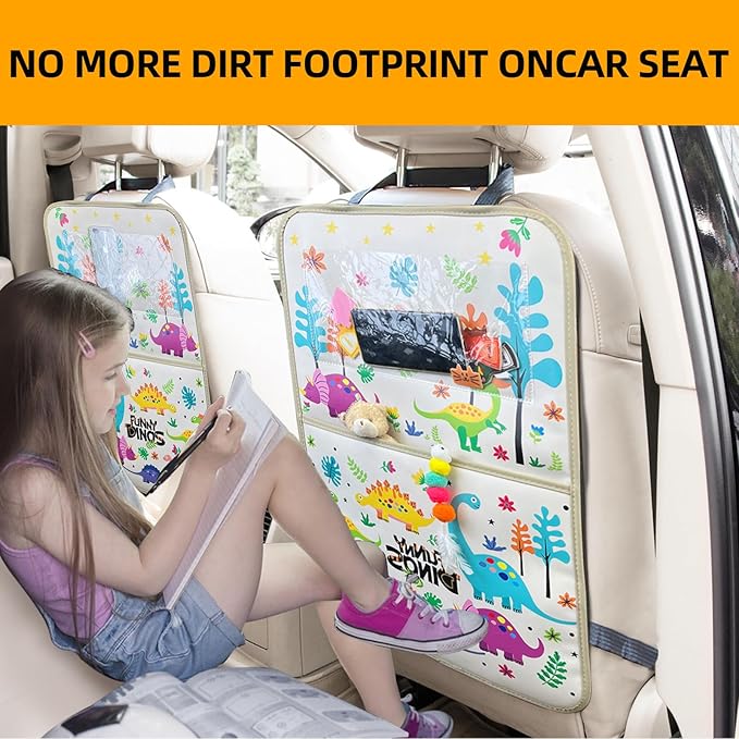 kids Leather Car Backseat Organizer with Foldable Table Tray, Car Storage Organizer with Tablet Holder, Car Seat Back Protectors Kick Mats, Travel Accessories (Dinosaur)