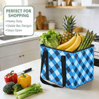 Blue Checkered Reusable Grocery Bags Large Shopping Tote Bag with Reinforced Bottom Board, Water Resistant Foldable Storage B
